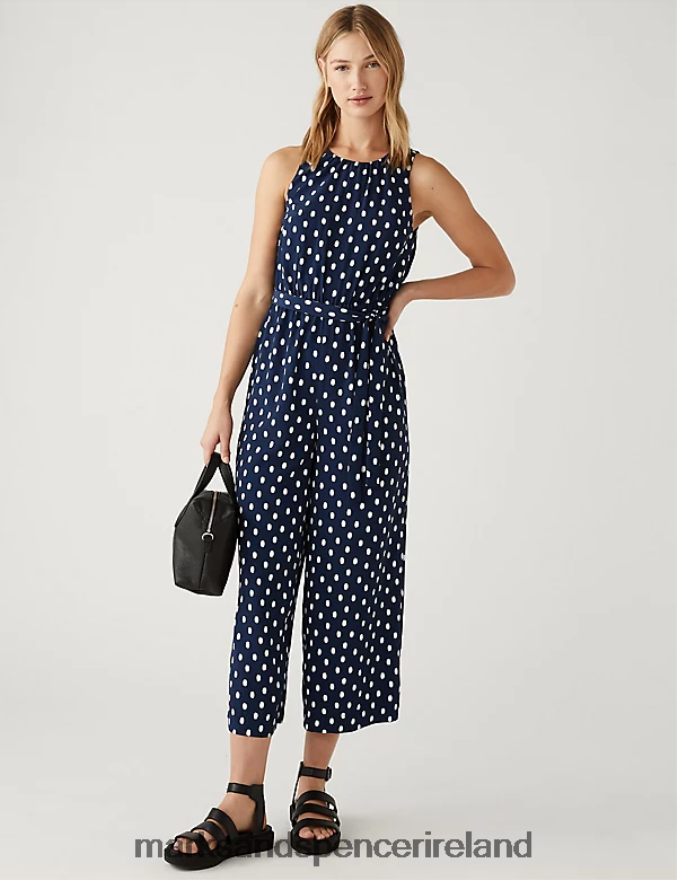 Marks & Spencer Women Printed Belted Cropped Waisted Jumpsuit Navy Mix Clothing 2VJ8DF2340