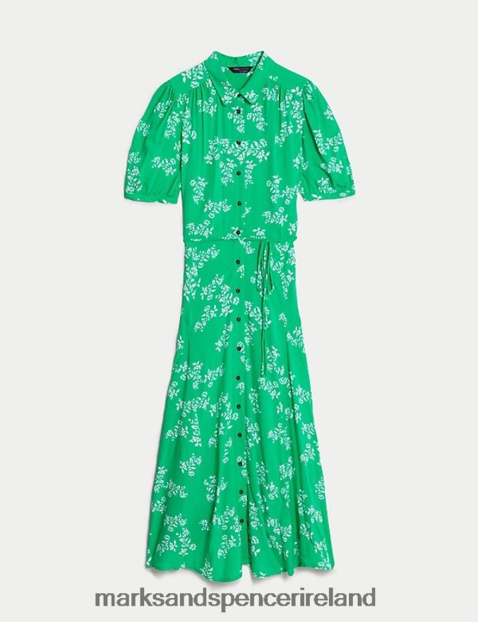 Marks & Spencer Women Printed Belted Midaxi Shirt Dress Green Mix Clothing 2VJ8DF689