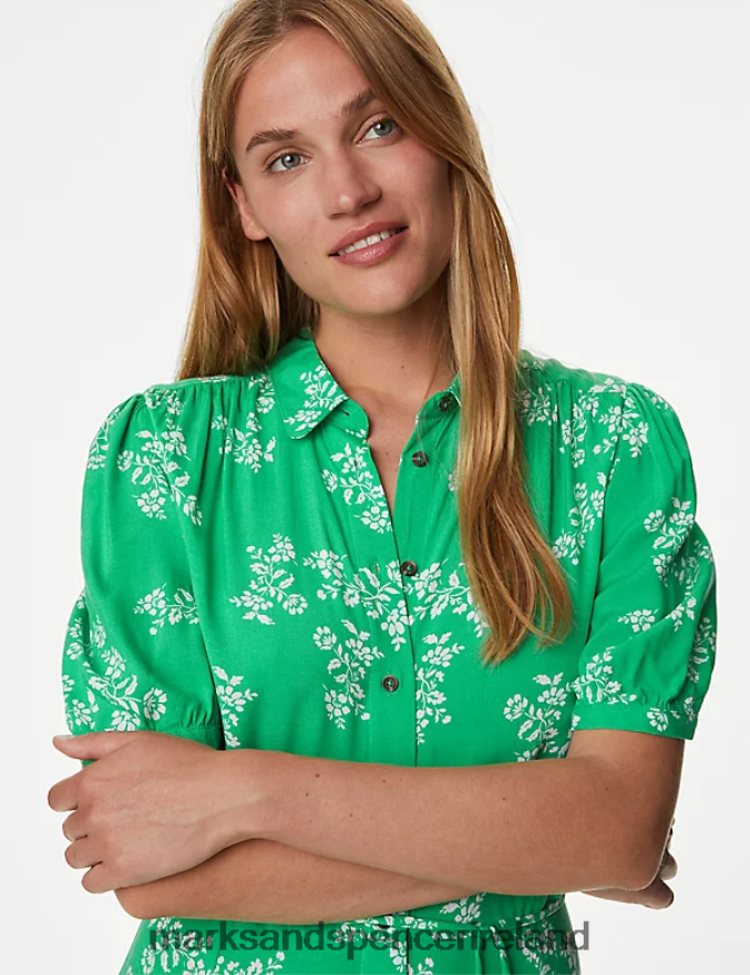 Marks & Spencer Women Printed Belted Midaxi Shirt Dress Green Mix Clothing 2VJ8DF689