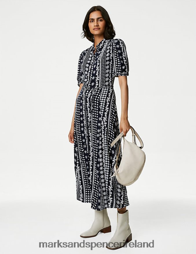 Marks & Spencer Women Printed Belted Midaxi Shirt Dress Navy Mix Clothing 2VJ8DF330