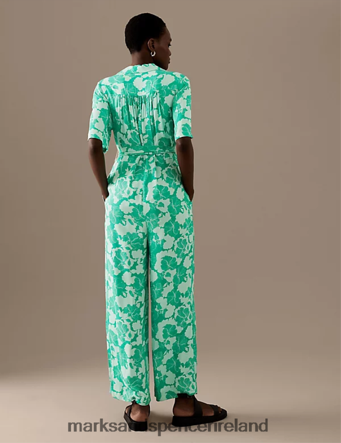Marks & Spencer Women Printed Belted Short Sleeve Jumpsuit Green Mix Clothing 2VJ8DF3079