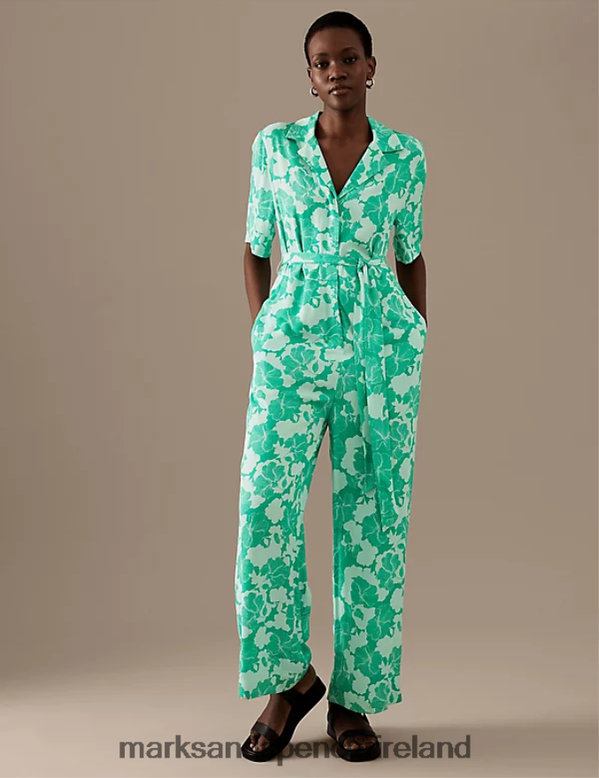 Marks & Spencer Women Printed Belted Short Sleeve Jumpsuit Green Mix Clothing 2VJ8DF3079