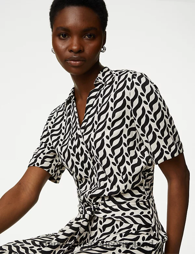 Marks & Spencer Women Printed Collared Belted Midi Shirt Dress Black Mix Clothing 2VJ8DF350