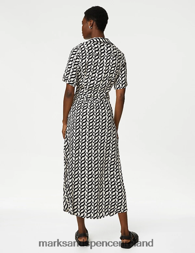 Marks & Spencer Women Printed Collared Belted Midi Shirt Dress Black Mix Clothing 2VJ8DF350