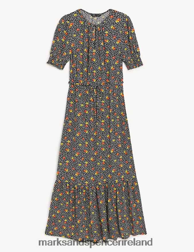 Marks & Spencer Women Printed Round Neck Midaxi Waisted Dress Orange Mix Clothing 2VJ8DF1128