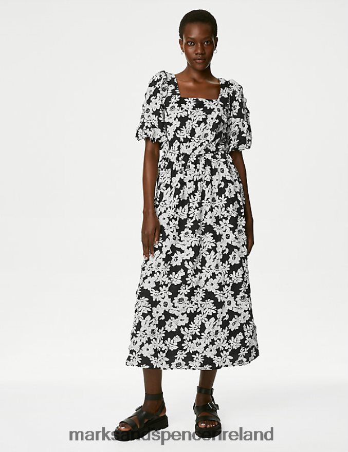 Marks & Spencer Women Printed Square Neck Midi Skater Dress Black Mix Clothing 2VJ8DF1728