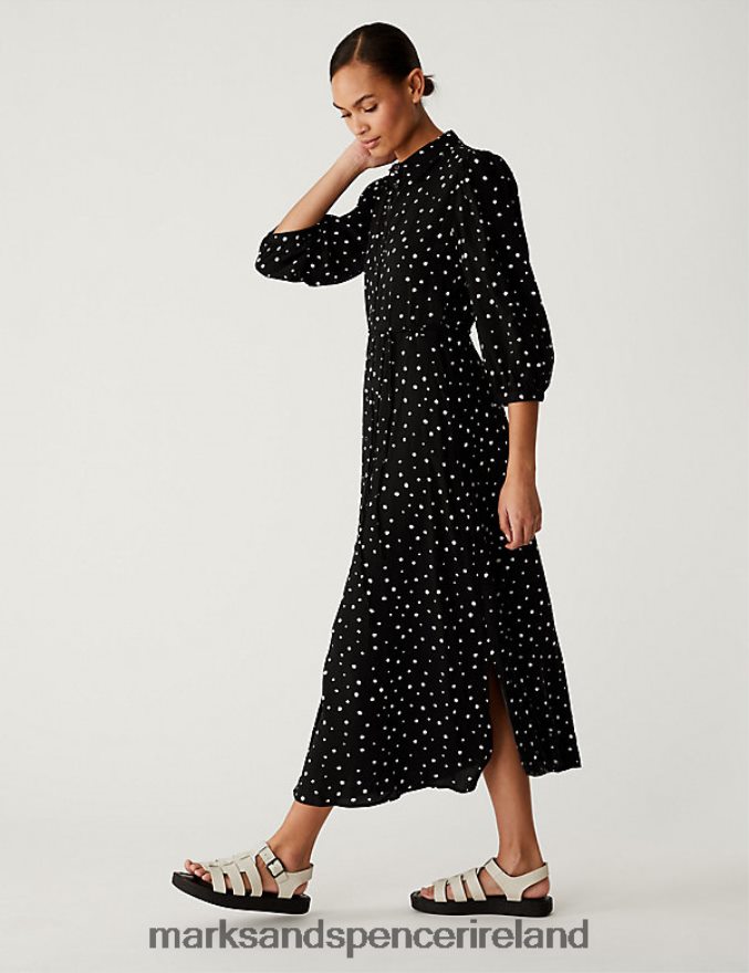 Marks & Spencer Women Printed Tie Waist Midi Shirt Dress Black Mix Clothing 2VJ8DF2329