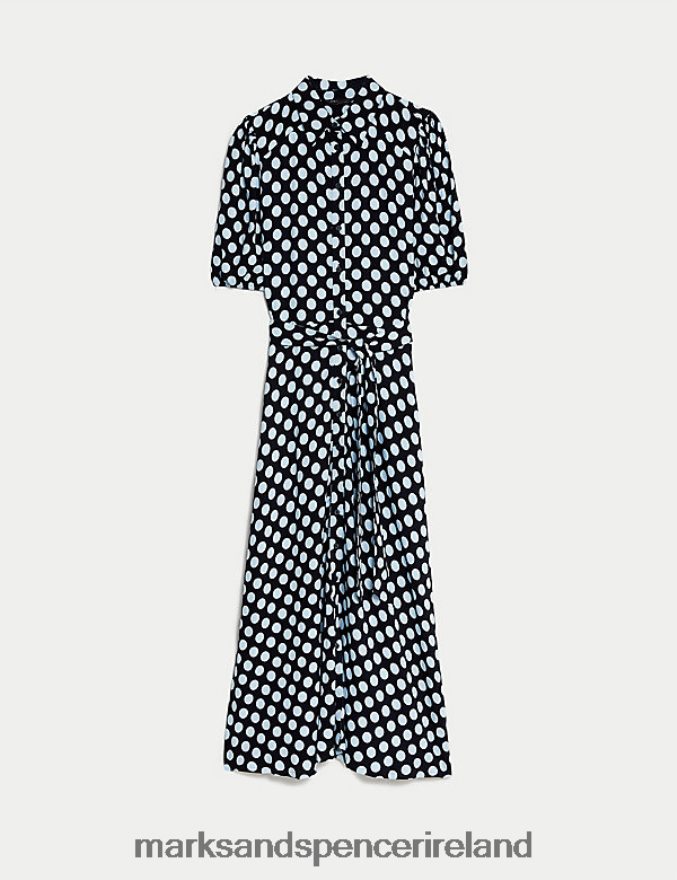 Marks & Spencer Women Printed Tie Waist Midi Shirt Dress Blue Mix Clothing 2VJ8DF1816