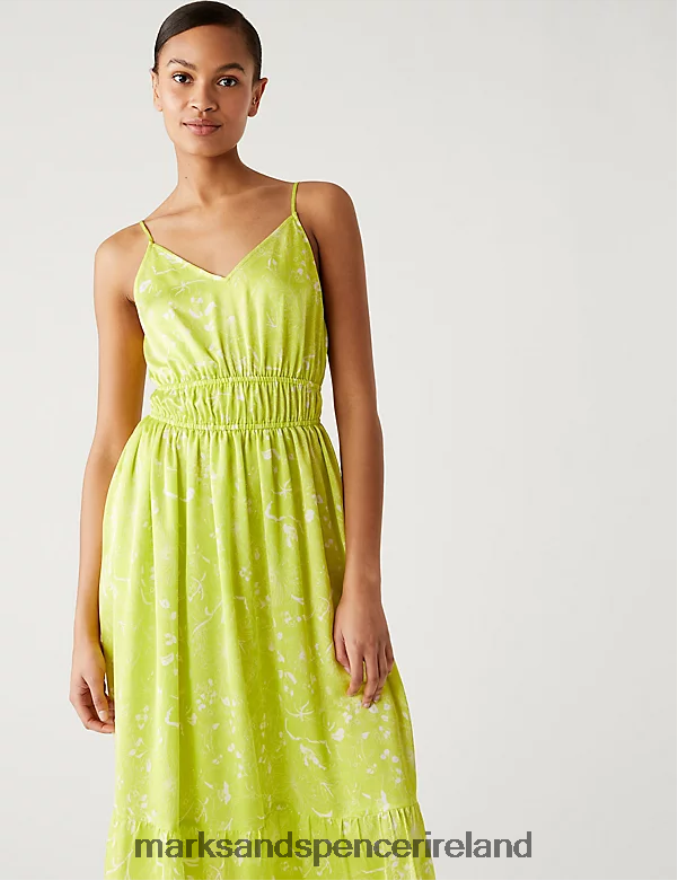 Marks & Spencer Women Printed V-Neck Midaxi Waisted Dress Yellow Mix Clothing 2VJ8DF2627
