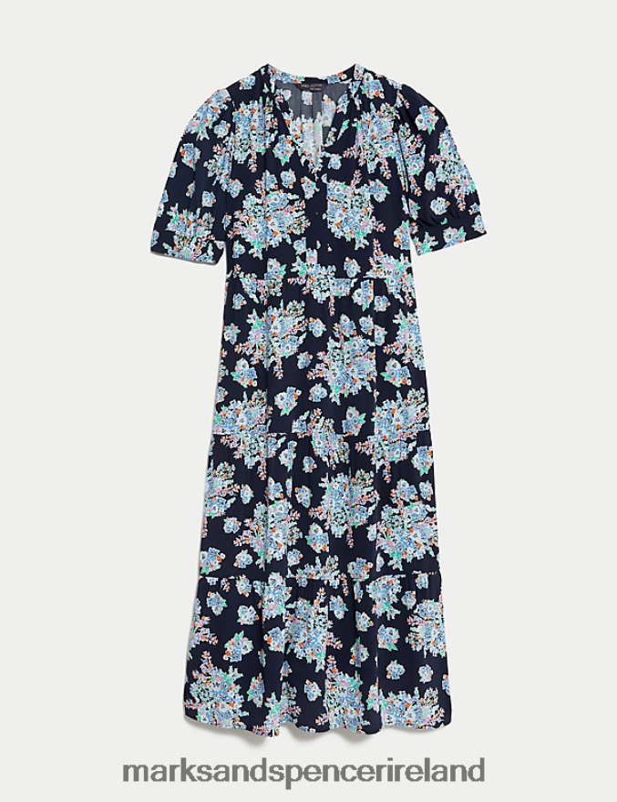 Marks & Spencer Women Printed V-Neck Midi Relaxed Tiered Dress Navy Mix Clothing 2VJ8DF1353
