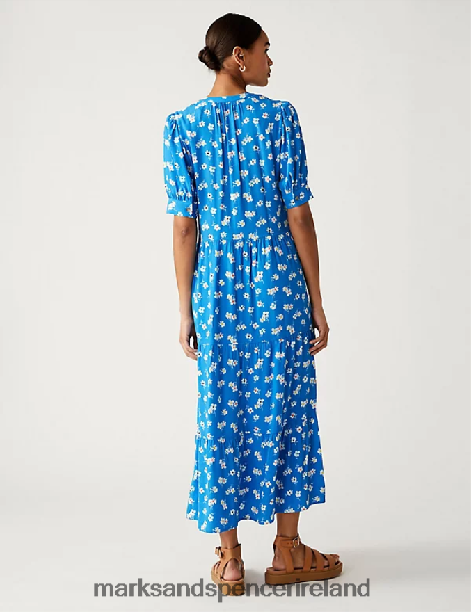 Marks & Spencer Women Printed V-Neck Midi Tiered Dress Blue Mix Clothing 2VJ8DF1647