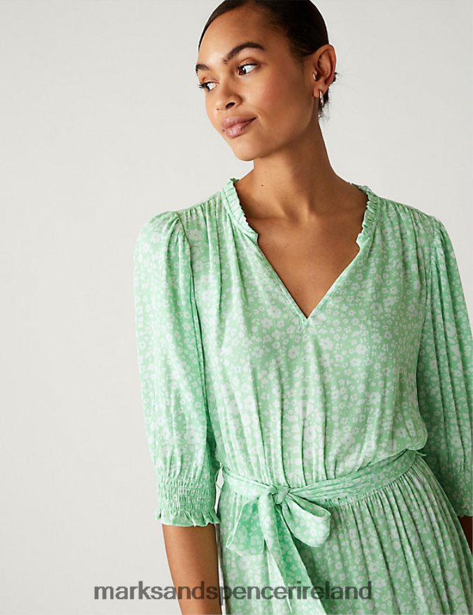 Marks & Spencer Women Printed V-Neck Midi Waisted Dress Green Mix Clothing 2VJ8DF1543