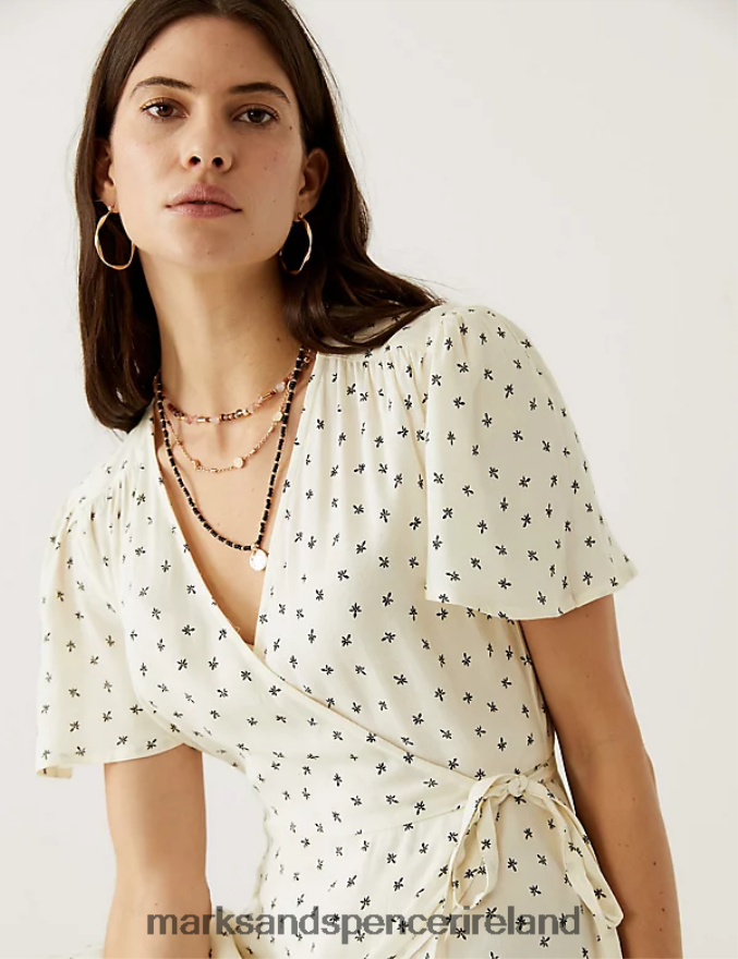 Marks & Spencer Women Printed V-Neck Midi Wrap Dress Cream Mix Clothing 2VJ8DF634