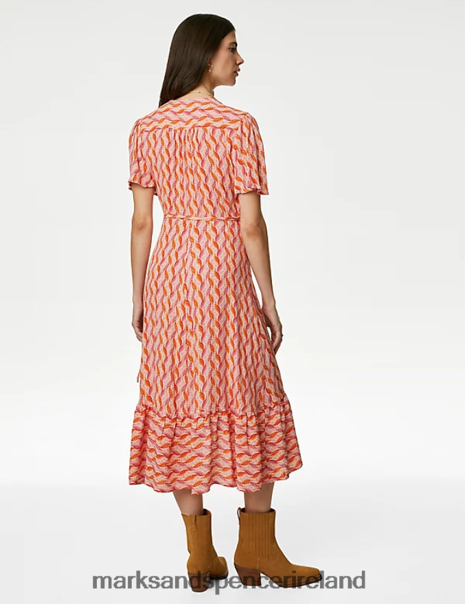 Marks & Spencer Women Printed V-Neck Midi Wrap Dress Medium Pink Clothing 2VJ8DF1026