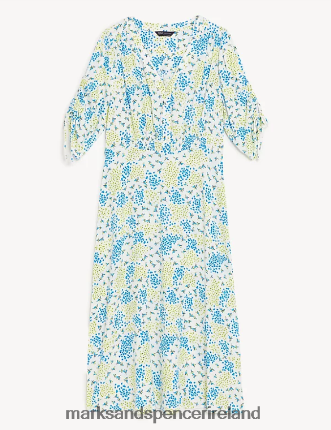 Marks & Spencer Women Printed V-Neck Shirred Midi Tea Dress Yellow Mix Clothing 2VJ8DF795