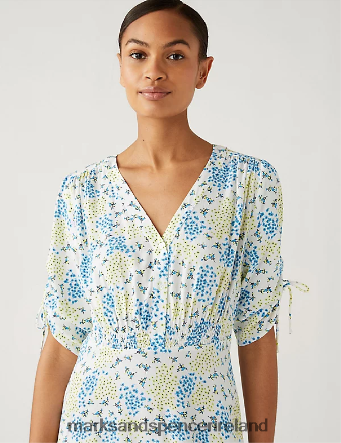 Marks & Spencer Women Printed V-Neck Shirred Midi Tea Dress Yellow Mix Clothing 2VJ8DF795