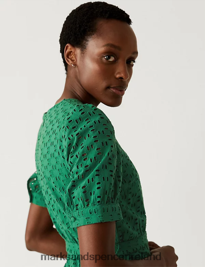 Marks & Spencer Women Pure Cotton Broderie Cropped Jumpsuit Dark Green Clothing 2VJ8DF2172