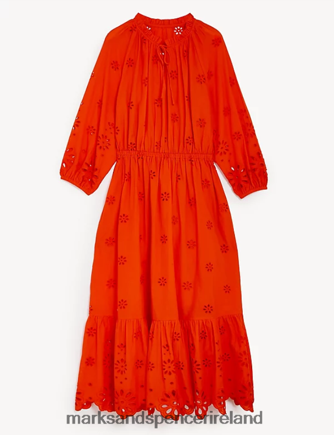 Marks & Spencer Women Pure Cotton Broderie Tie Neck Midi Dress Red Clothing 2VJ8DF2074