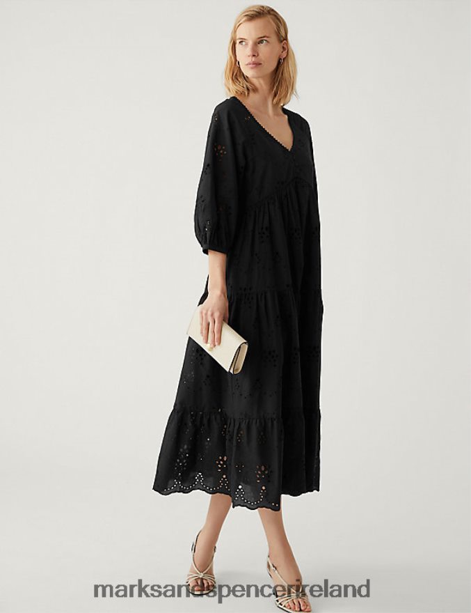Marks & Spencer Women Pure Cotton Broderie V-Neck Midaxi Dress Black Clothing 2VJ8DF1085