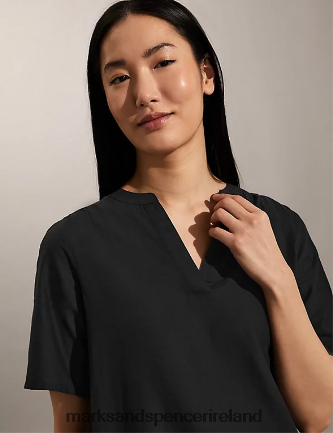 Marks & Spencer Women Pure Cotton Broderie V-Neck Mini Shift Dress Black Clothing 2VJ8DF299