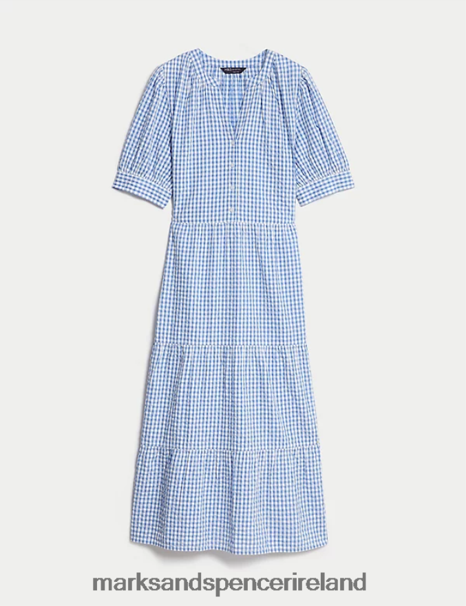 Marks & Spencer Women Pure Cotton Checked V-Neck Midi Tiered Dress Blue Mix Clothing 2VJ8DF529