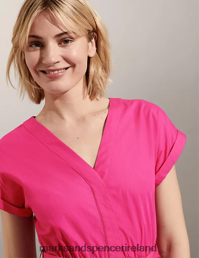 Marks & Spencer Women Pure Cotton Colour Block Midi Waisted Dress Pink Mix Clothing 2VJ8DF222