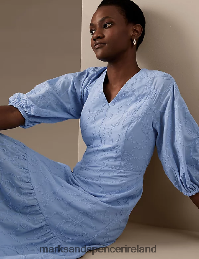 Marks & Spencer Women Pure Cotton Embroidered V-Neck Midaxi Dress Chambray Clothing 2VJ8DF712