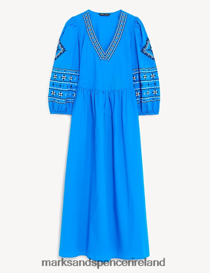 Marks & Spencer Women Pure Cotton Embroidered V-Neck Midi Dress Blue Clothing 2VJ8DF98