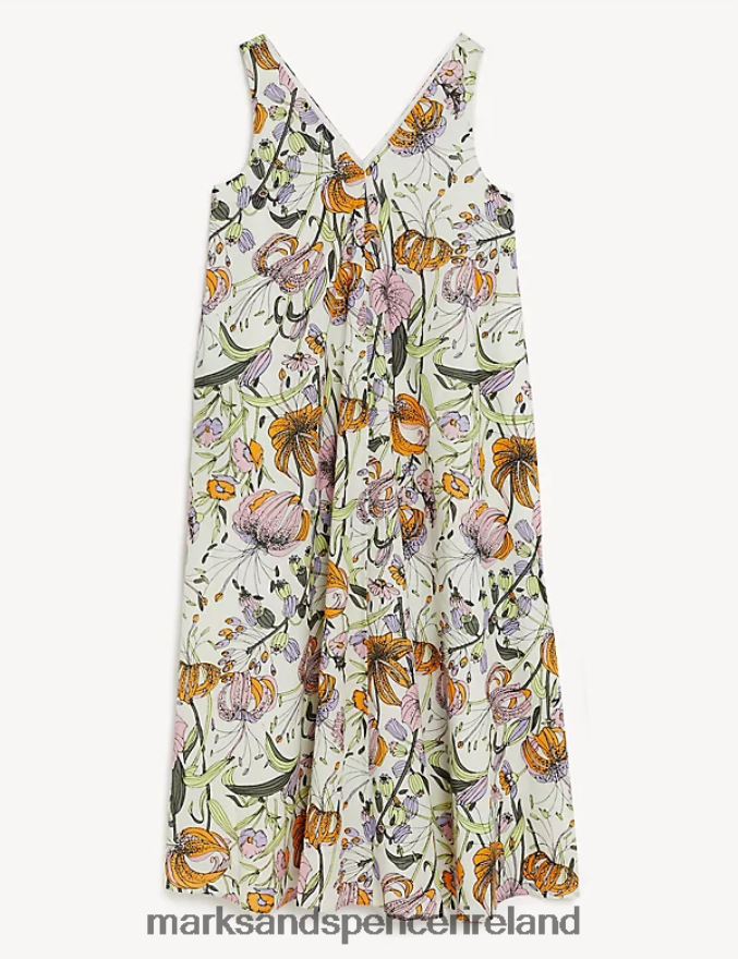 Marks & Spencer Women Pure Cotton Floral V-Neck Midi Shift Dress Multi Clothing 2VJ8DF1071