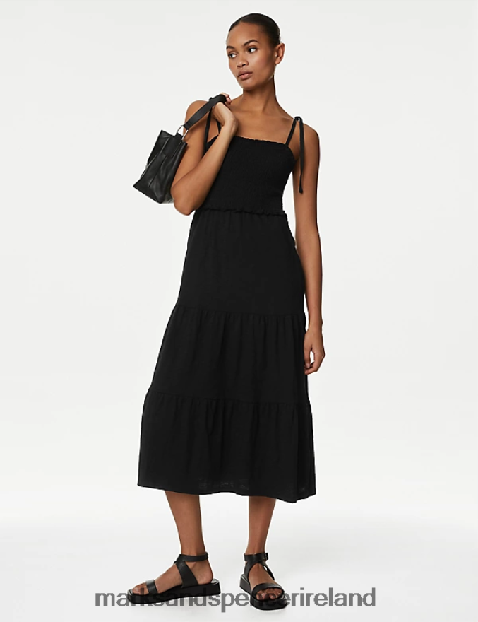 Marks & Spencer Women Pure Cotton Jersey Shirred Midi Dress Black Clothing 2VJ8DF2565