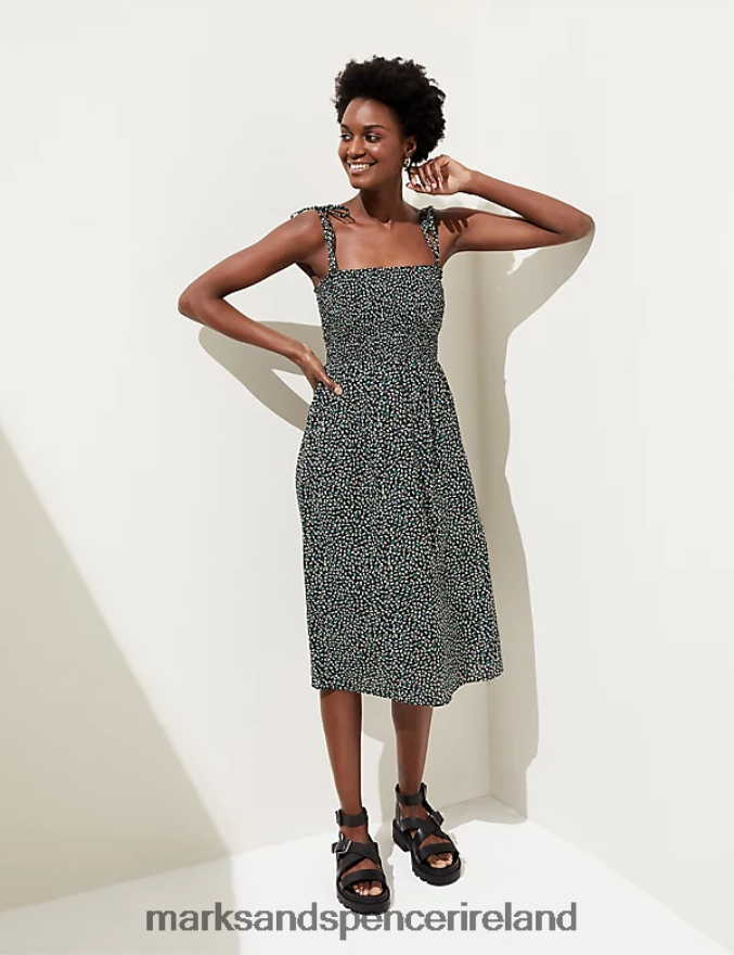 Marks & Spencer Women Pure Cotton Printed Midi Beach Dress Black Mix Clothing 2VJ8DF3046