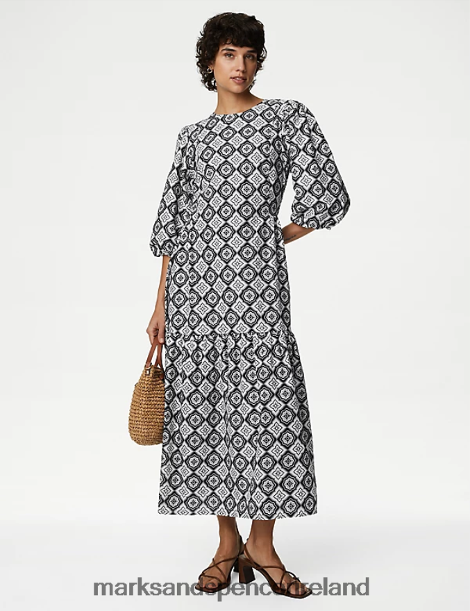 Marks & Spencer Women Pure Cotton Printed Midi Tiered Dress Navy Mix Clothing 2VJ8DF440