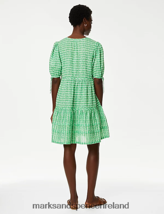 Marks & Spencer Women Pure Cotton Printed Mini Tiered Dress Green Mix Clothing 2VJ8DF1967