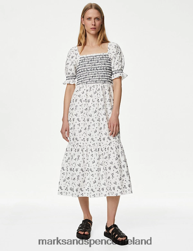 Marks & Spencer Women Pure Cotton Printed Square Neck Midi Dress White Mix Clothing 2VJ8DF1817