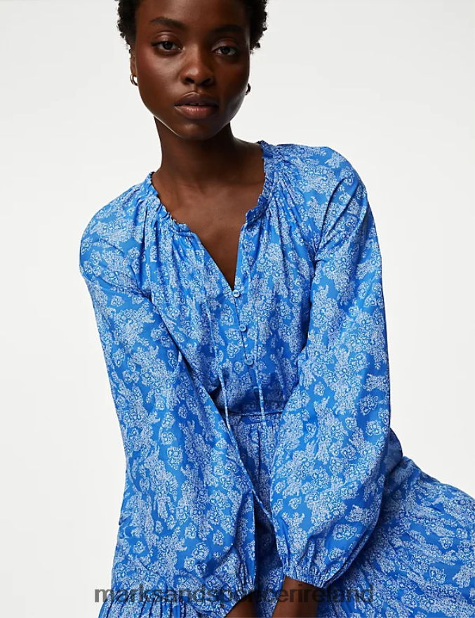 Marks & Spencer Women Pure Cotton Printed V-Neck Midaxi Shirt Dress Blue Mix Clothing 2VJ8DF808