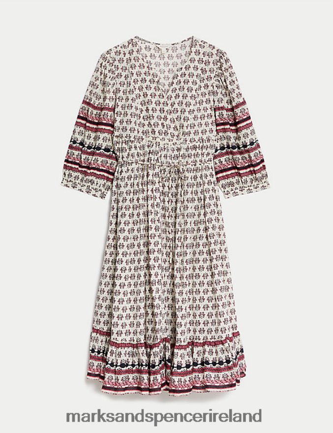 Marks & Spencer Women Pure Cotton Printed V-Neck Midi Smock Dress Ecru Mix Clothing 2VJ8DF331