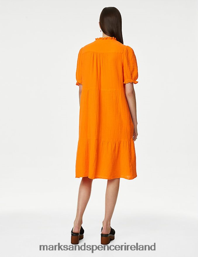 Marks & Spencer Women Pure Cotton Textured Tie Neck Tiered Dress Bright Orange Clothing 2VJ8DF2393