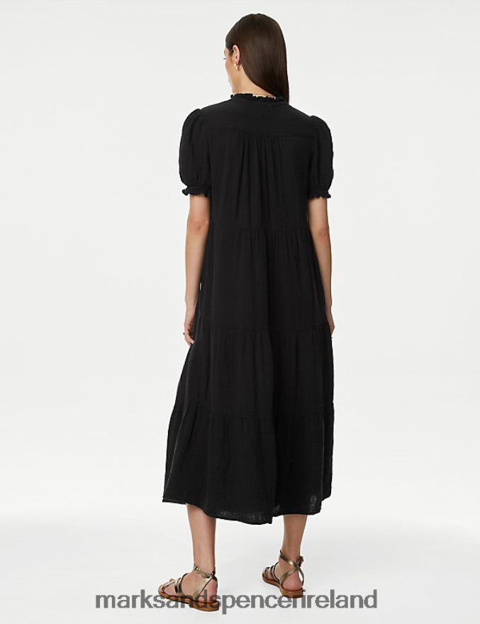Marks & Spencer Women Pure Cotton Tie Neck Midi Tiered Dress Black Clothing 2VJ8DF1017
