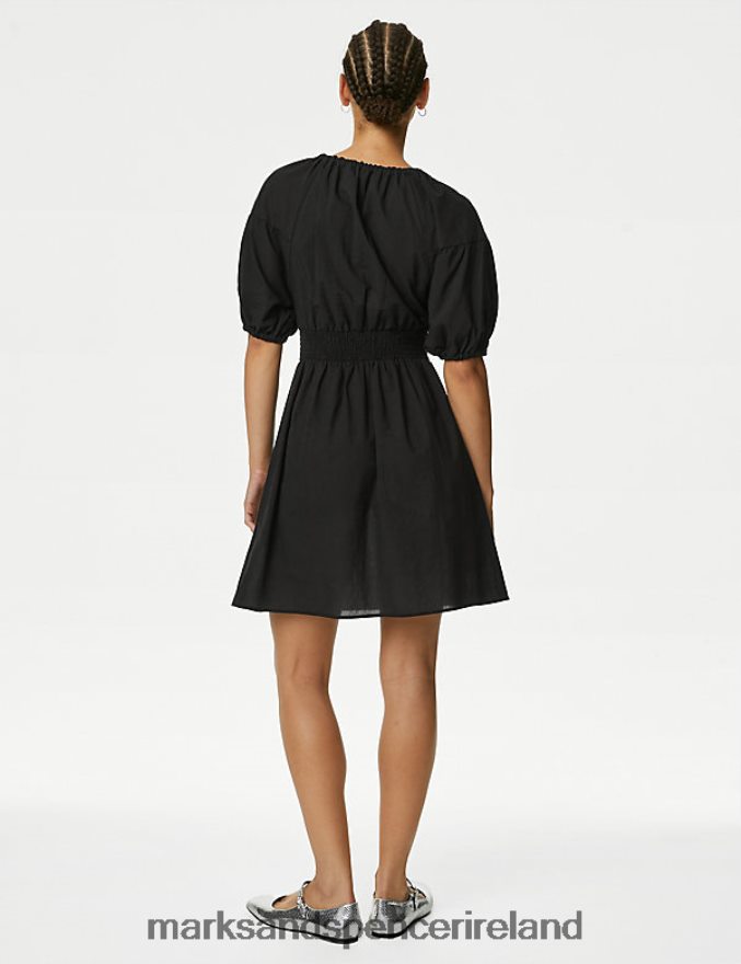 Marks & Spencer Women Pure Cotton V-Neck Mini Waisted Dress Black Clothing 2VJ8DF2366