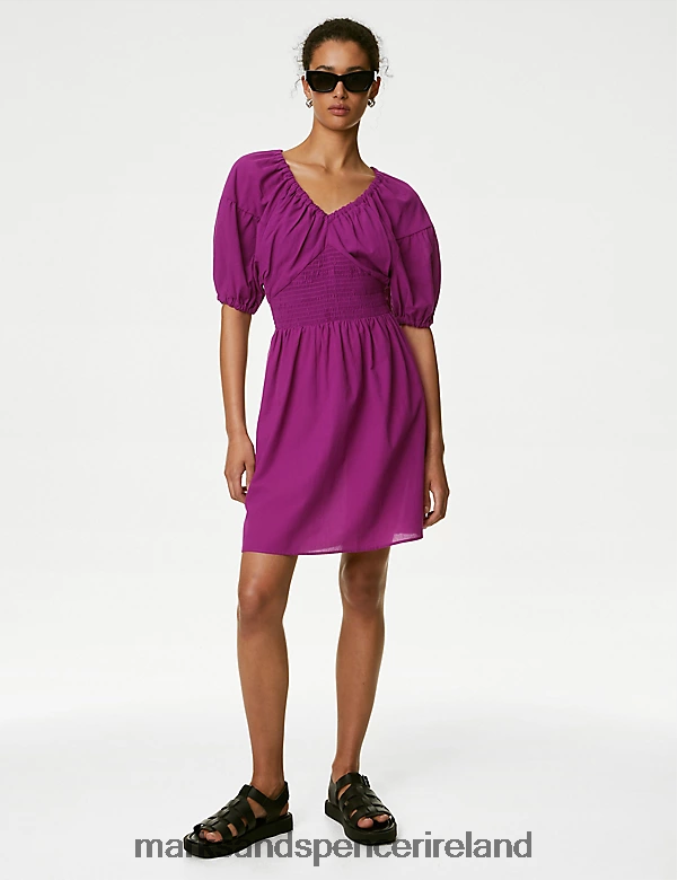 Marks & Spencer Women Pure Cotton V-Neck Mini Waisted Dress Magenta Clothing 2VJ8DF2737