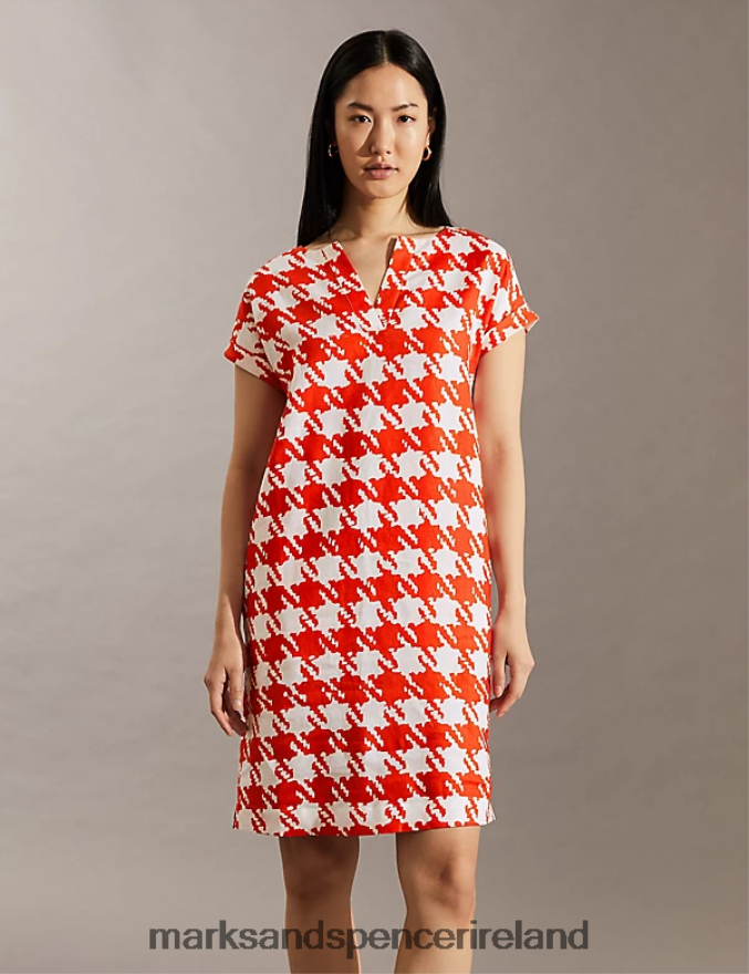 Marks & Spencer Women Pure Linen Dogtooth V-Neck Shift Dress Ivory Mix Clothing 2VJ8DF853