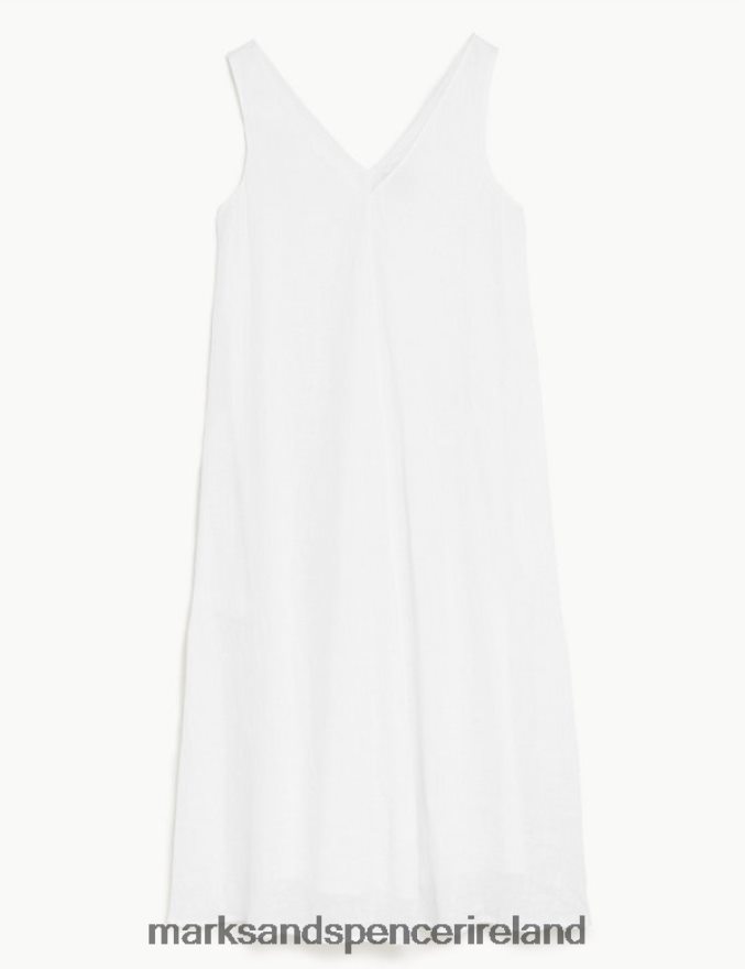 Marks & Spencer Women Pure Linen V-Neck Maxi Relaxed Dress White Clothing 2VJ8DF1703
