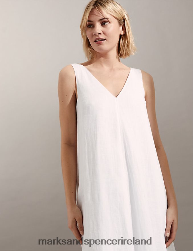 Marks & Spencer Women Pure Linen V-Neck Maxi Relaxed Dress White Clothing 2VJ8DF1703