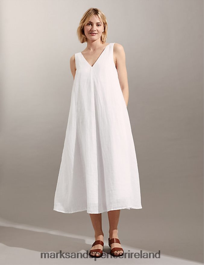 Marks & Spencer Women Pure Linen V-Neck Maxi Relaxed Dress White Clothing 2VJ8DF1703