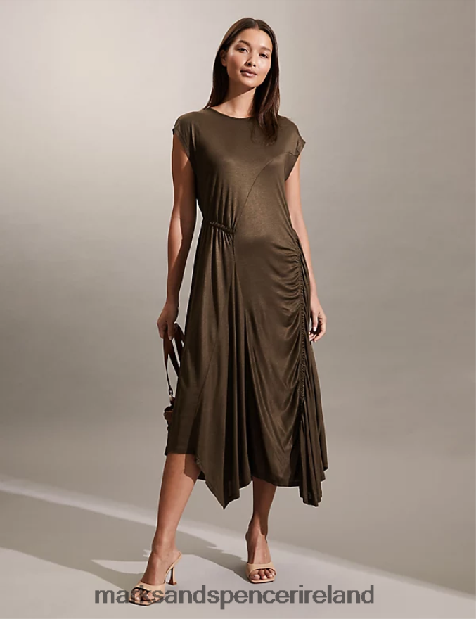 Marks & Spencer Women Ruched Midi Shift Dress Brown Clothing 2VJ8DF2011