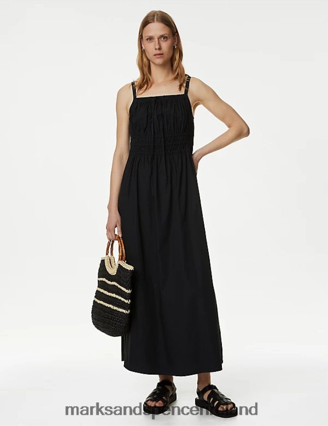 Marks & Spencer Women Smocked Strappy Midaxi Dress Black Clothing 2VJ8DF846
