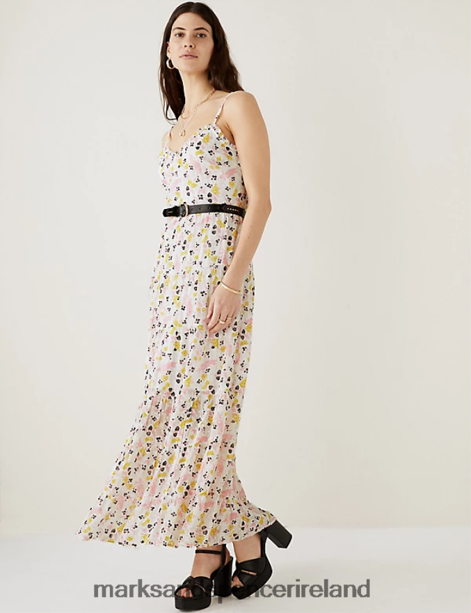 Marks & Spencer Women Sparkly Floral V-Neck Maxi Tiered Dress Ecru Mix Clothing 2VJ8DF821