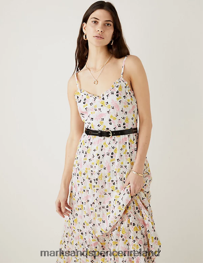 Marks & Spencer Women Sparkly Floral V-Neck Maxi Tiered Dress Ecru Mix Clothing 2VJ8DF821