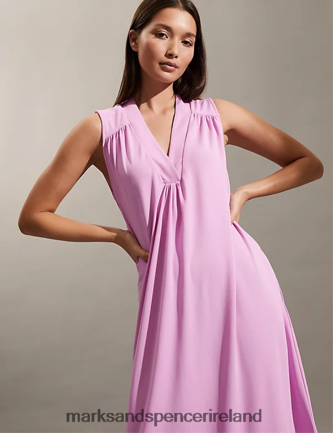 Marks & Spencer Women V-Neck Midi Relaxed Shift Dress Pink Clothing 2VJ8DF674
