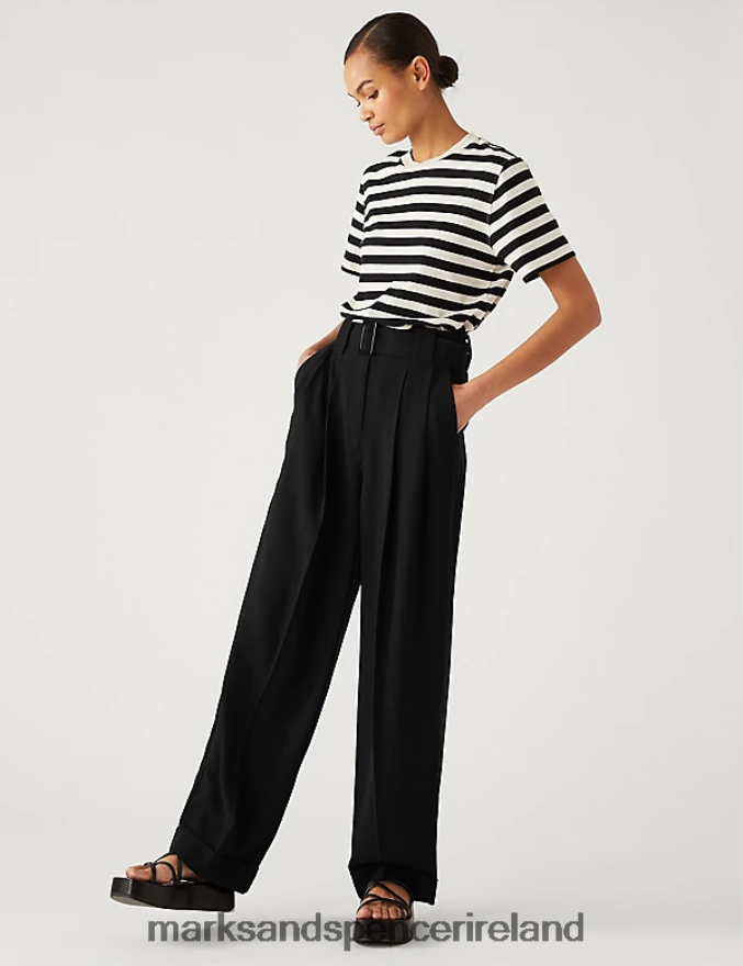 Marks & Spencer Women Belted Relaxed Straight Trousers Black Clothing 2VJ8DF612